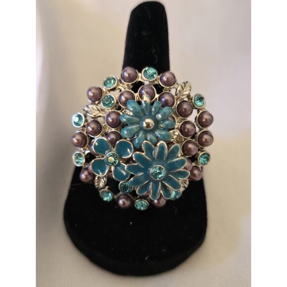 Unbranded Jewelry - Fashion Ring Blue Enamel Rhinestone Bouquet Flowers Adjustable